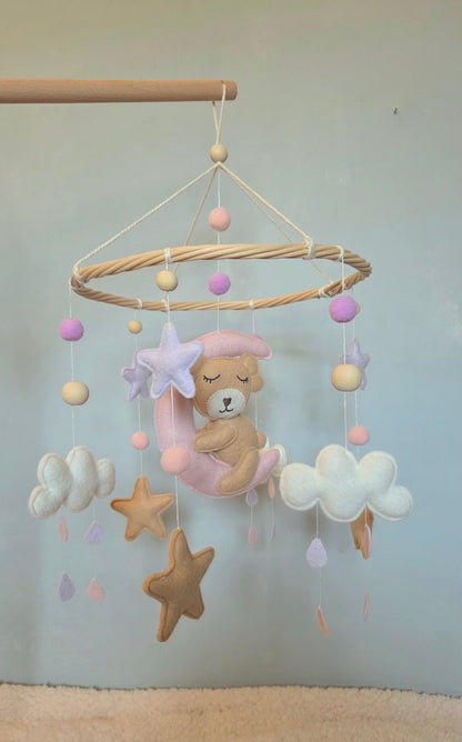 Mobile Bébé Ourson et Lune Rose