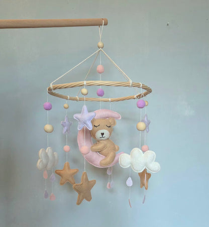Mobile Bébé Ourson et Lune Rose