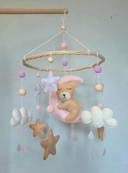 Mobile Bébé Ourson et Lune Rose
