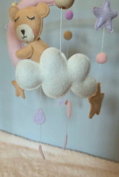 Mobile Bébé Ourson et Lune Rose